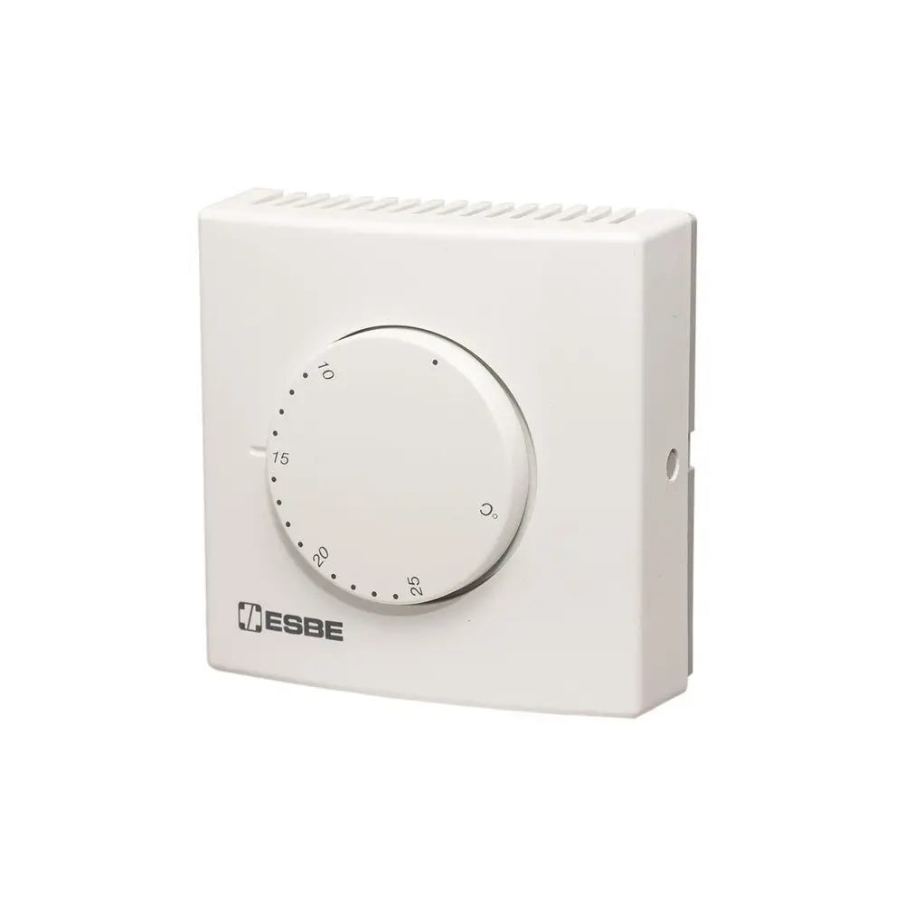 Weißer Raumthermostat mit drehbarem Regler und Temperaturmarkierungen, hergestellt von ESBE. An der Wand montierbar für die regulierte Steuerung von Heizsystemen.